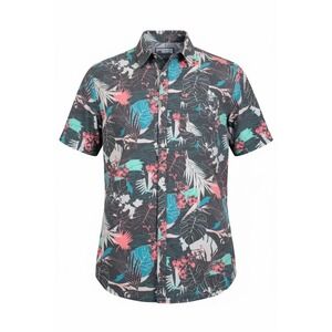Huk Mens Tropical Floral Short‎ Sleeve Button Down Shirt Charcoal Pink Size M